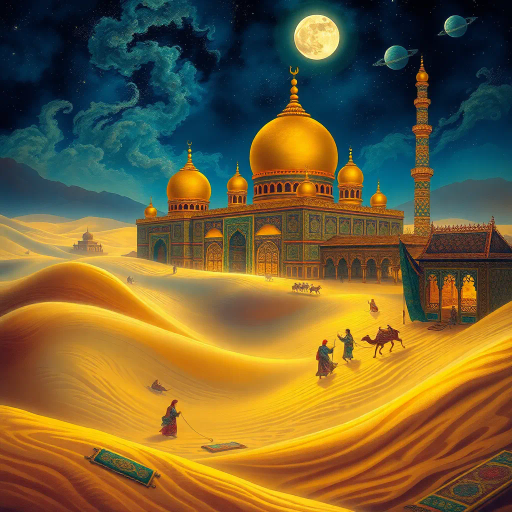 Arabian nights, mystical desert, swirling sands, intricate patterns, vibrant textiles, oriental architecture, golden domes, minarets, starry sky, shadow play, moonlit, caravans, spices, ancient lore, exotic, vibrant colors, rich cultural tapestry, storytelling tradition, mythical creatures, Lawrence Alma-Tadema, Ivan Bilibin, enigmatic aura, storytelling, fantasy storytelling, historical references, lush textures, enchanting, intricate mosaics, spiritual symbols, ethereal glow, cultural richness, fantasy-art, orientalist influence, atmospheric mood, dreamlike landscape, cultural symbolism, magical realism, opulent detailing, romanticism, ethereal beauty, imaginative narrative, captivating luminosity, artistic interplay, mystical ambience, legendary tales
