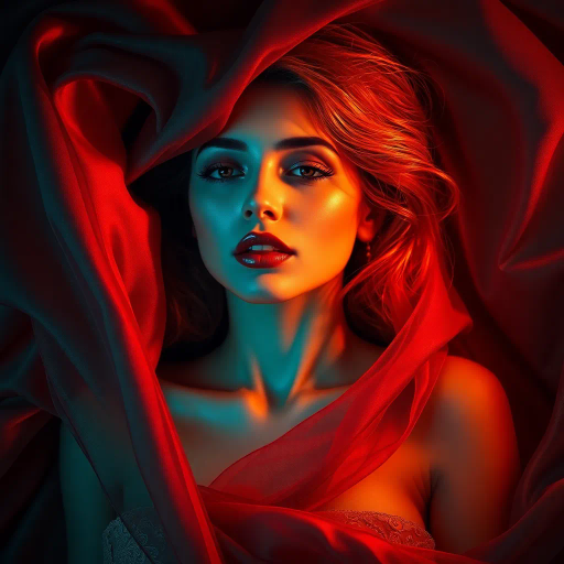 seductive allure, vibrant colors, ethereal lighting, Art Nouveau influence, dramatic curves, soft textures, sensuality, Gustav Klimt inspiration, flowing forms, luxurious detail, romantic mood, intimate ambiance, chiaroscuro, expressive movement, visual poetry, surreal elements, captivating gaze, rich fabric, elegant composition, timeless appeal, fluid lines, emotional depth
