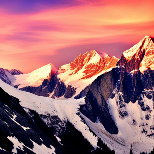 majestic peaks, snow-capped mountains, sweeping vistas, rugged terrain, natural beauty, poetical prose, grandeur, stunning sunsets, serene lakes, breathtaking colors, alpine meadows, atmospheric perspective