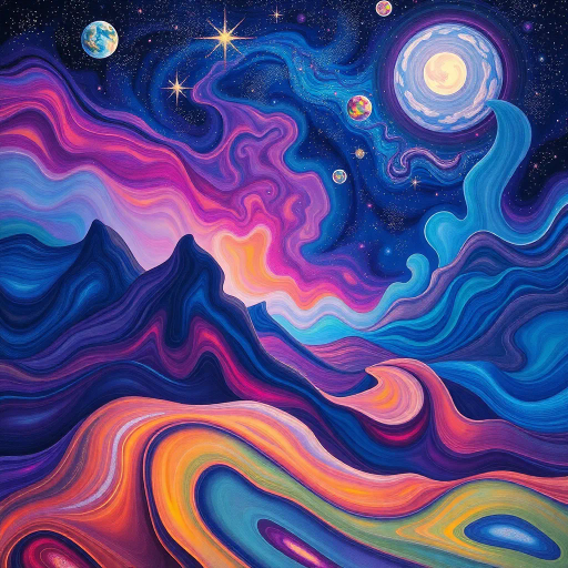 ethereal dreams, surreal landscape, vibrant colors, flowing textures, magical realism, soft lighting, Salvador Dali influences, tranquility, dreamscape, starry night, whimsical elements, peaceful slumber, abstract shapes, gentle curves, serene mood, imaginative world, lucid dreaming, otherworldly atmosphere, intricate details, harmonious balance