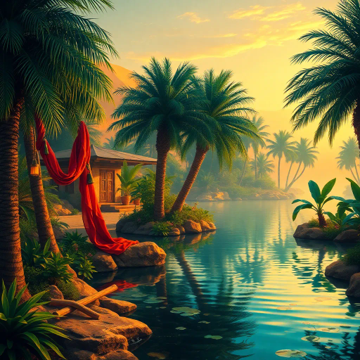Arabian nights, vibrant colors, intricate patterns, gold accents, Henri Matisse, warm desert tones, graceful movement, rich textiles, cultural tapestry, surrealism, exotic elegance, moonlit sands, flowing fabrics, mystical allure, contemporary interpretation, shimmering heat, lush oasis, dynamic composition, sensual poise, atmospheric glow, dreamlike ambience