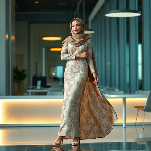 elegant Arab woman, professional attire, hijab, modern workplace, high heels, contrasting cultural fusion, vibrant Middle Eastern influences, contemporary art style, dynamic composition, intricate patterns, vibrant color palette, soft ambient lighting, dynamic posing, cultural expression, delicate textiles, confident and empowering presence, grace, poise, diverse representation, fusion of modern and traditional elements, Impressionism influences, human form depiction, advanced digital techniques, refined textures, bold symbolism, artistic influences, balance, harmony, surreal lighting, empowered femininity, Gustav Klimt inspiration, Art Nouveau elegance, intricate detailing, cultural narrative, sophisticated sophistication, modernism, representation and empowerment