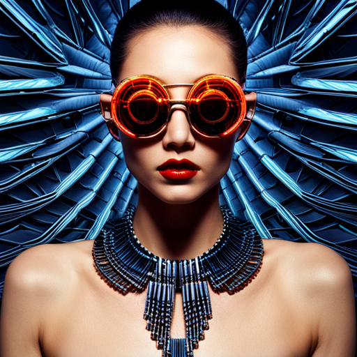 glitchy, cyberpunk, futuristic, augmented reality, metallic accents, Burning Man, post-apocalyptic, dystopian, rave culture, biomechanical, distortion, reflection, fusion, electric, High-tech eyewear, Fire-inspired fashion, Futuristic festival, Radial symmetry, Burnt orange, UV protection, Industrial chic, Multidimensional shapes