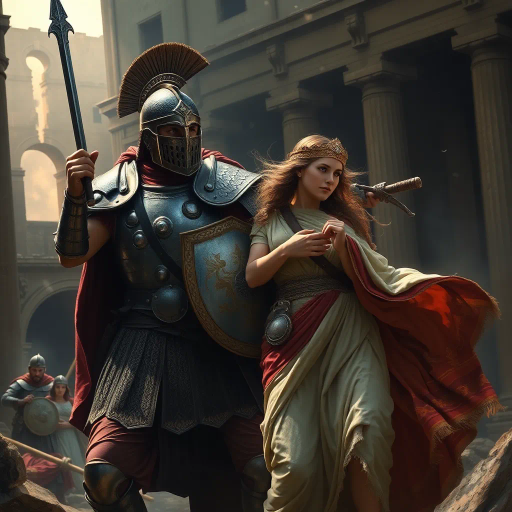 Visigothic warrior, Roman lady, Sack of Rome 410CE, epic historical scene, dramatic lighting, chiaroscuro, intricate armor details, flowing Roman garments, realism, dynamic composition, intense mood, historical figures, late antiquity, turbulent atmosphere, powerful symbolism, conflict and culture clash, intense emotions, classical architecture, ruin and decay, grand scale, meticulous textures, tension and movement, aged patina, historical authenticity, evocative storytelling, warriors in action, contrast and harmony, rich color palette, accurate period costumes