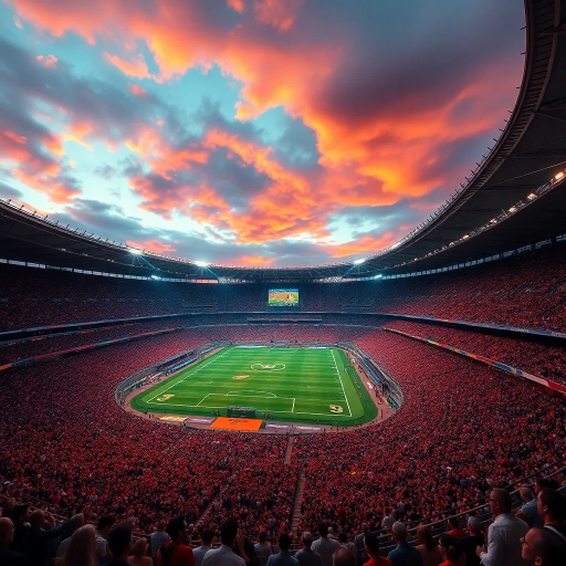 majestic, football stadium, panoramic view, vibrant energy, modern architecture, vast crowd, immersive atmosphere, dynamic lighting, vivid colors, iconic sports venue, dramatic sky, high-detailed textures, lively movement, cultural spectacle, wide-angle perspective, epic scale, contemporary design, exhilarating moment, sporting tradition, architectural grandeur, Henri Cartier-Bresson, mid-century modern, hyperrealism, chiaroscuro, atmospheric depth, textured surfaces, immersive realism, narrative focus, adrenaline rush, historical influence, visual storytelling, dramatic composition, meticulously detailed, large format, emotional resonance, cultural narrative, monumental space