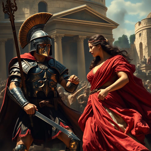 Visigothic warrior, Roman lady, Sack of Rome 410CE, epic historical scene, dramatic lighting, chiaroscuro, intricate armor details, flowing Roman garments, realism, dynamic composition, intense mood, historical figures, late antiquity, turbulent atmosphere, powerful symbolism, conflict and culture clash, intense emotions, classical architecture, ruin and decay, grand scale, meticulous textures, tension and movement, aged patina, historical authenticity, evocative storytelling, warriors in action, contrast and harmony, rich color palette, accurate period costumes