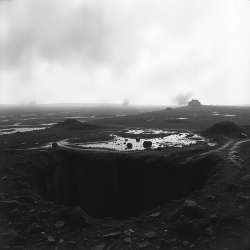 war-time landscape, WW1 battlefield, shell hole, muddy terrain, trench warfare, devastation, monochromatic tones, somber mood, Claude Monet, impressionistic strokes, realism, gritty textures, harsh lighting, dramatic shadows, historical context, wartime chaos, destruction, rugged landscape, deep craters, reflective surfaces, somber atmosphere, haunting silence, melancholic undertones, raw emotion, clash of humanity and nature, atmospheric perspective, overcast sky, muddy earth, remnants of war, historical narrative