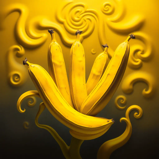 bananas, surrealism, Salvador Dali, vibrant yellow, high contrast, organic forms, playful mood, swirling motion, abstract shapes, exaggerated scale, futuristic lighting, dynamic composition, lush textures, tropical influence, imaginative concept, bold outlines, 20th-century influence, whimsical presentation