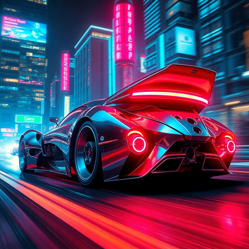 futuristic automobile, Syd Mead and H.R. Giger influences, cybernetic aesthetic, vibrant neon lights, dynamic movement, dramatic lighting, aerodynamic curves, metallic and glossy textures, immersive depth, urban nightscape, concept art, bold color palette, seamless integration, avant-garde design, technological elegance, expansive composition, dramatic angles, synthwave and cyberpunk fusion, cinematic impact, cutting-edge technology, retro-futuristic elements, science fiction ambiance, chrome reflections, modern aesthetics, cultural fusion, hyper-realistic detailing, illuminated cityscape, art deco influences, kinetic energy, speed and motion, urban environment, atmospheric glow, conceptual innovation