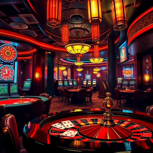 casino ambience, realism, vibrant colors, intricate details, neon lights, Edward Hopper influence, chiaroscuro lighting, luxurious interiors, Art Deco, lively atmosphere, dynamic composition, reflections, high stakes, gambling elements, rich textures, opulent materials, card games, roulette wheel, perspective depth, dramatic tension, immersive experience, cinematic framing, atmospheric mood