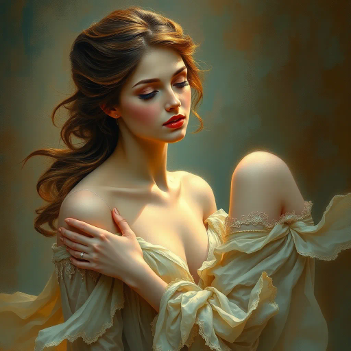 elegant women, graceful, ethereal, renaissance influence, chiaroscuro lighting, vibrant palette, fluid movement, delicate expressions, soft pastels, intricate detailing, romanticism, enchanting atmosphere, soft focus, ethereal glow, impressionist techniques, serene mood, brush stroke texture, harmony, contemplative mood, timeless beauty, captivating gaze, dreamlike composition, femme fatale aura, gentle curves, baroque elements, artistry of Claude Monet, Elisabeth Vigee Le Brun elegance, poetic essence, seamless transition, classical influences, romantic allure, atmospheric depth, emotional resonance, visual poetry