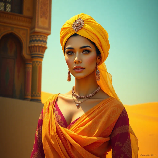 Arabian nights, vibrant colors, intricate patterns, gold accents, Henri Matisse, warm desert tones, graceful movement, rich textiles, cultural tapestry, surrealism, exotic elegance, moonlit sands, flowing fabrics, mystical allure, contemporary interpretation, shimmering heat, lush oasis, dynamic composition, sensual poise, atmospheric glow, dreamlike ambience