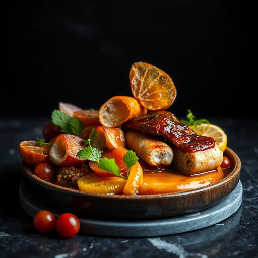 hyper-realistic, culinary artistry, still life, vibrant colors, succulent textures, food photography, gourmet presentation, chiaroscuro lighting, rich detail, natural composition, culinary textures, food stylization, glossy surfaces, nuanced hues, modern aesthetic, exquisite plating, artisanal craftsmanship, gourmet indulgence, food as art, visual feast, sumptuous presentation, high contrast, appetizing visual, culinary elegance, photographic, food styling, meticulous detail, Jean-Baptiste-Siméon Chardin, lush imagery, sensory experience, culinary impressionism, elegant framing, sophisticated flair