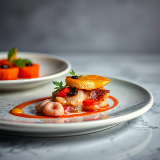 hyper-realistic, culinary artistry, vibrant colors, succulent textures, food photography, gourmet presentation, chiaroscuro lighting, rich detail, natural composition, culinary textures, glossy surfaces, nuanced hues, modern aesthetic, exquisite plating, artisanal craftsmanship, gourmet indulgence, food as art, visual feast, sumptuous presentation, high contrast, appetizing visual, culinary elegance, Vermeer influence, artistic richness, stylistic finesse, contemporary flair, textural harmony, elegant framing, dramatic contrasts, visual temptation