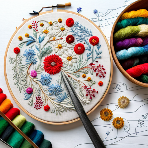 embroidery pattern, wildflower meadow, floral motifs, delicate stitches, intricate detailing, vibrant colors, nature-inspired, handmade, textile art, organic shapes, traditional craft, vintage aesthetic, botanical elements, floral composition, intricate patterns, textile design, artistic embellishments line-art
