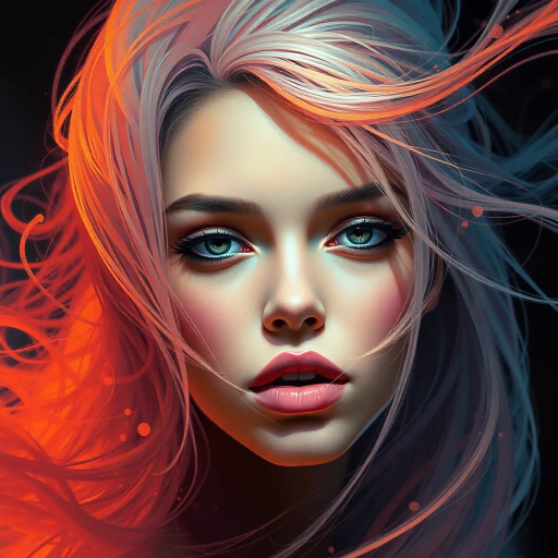 ethereal portrait, vibrant color palette, chiaroscuro lighting, dynamic composition, surreal elements, expressive facial features, flowing textures, contemporary vibe, digital brushwork, intricate details, futuristic influence, otherworldly presence, emotional depth, captivating gaze, fluid movement, artistic expression, visual storytelling