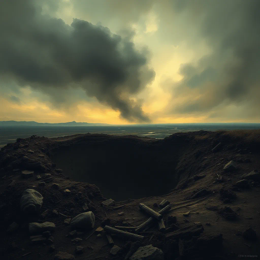 WW1 shell hole, haunting landscape, ruinous earth, trench war remnants, muddy textures, smoke-infused skies, somber atmosphere, historical echoes, dramatic chiaroscuro, war-torn memories, intricate details, Ernst Ludwig Kirchner influence, expressionist undertones, desolate expanse, juxtaposition of life and decay, symbolism of conflict, muted earth tones, organic compositions, narrative storytelling, ethereal light, ominous horizon, atmospheric perspective, reflective surfaces, cultural memory, evocative emotional depth, surreal fantasy, vibrant contrasts, intangible realms, mystical undertones, narrative depth, conceptual vision, allegorical exploration, dreamlike visuals, expansive spatial dynamics