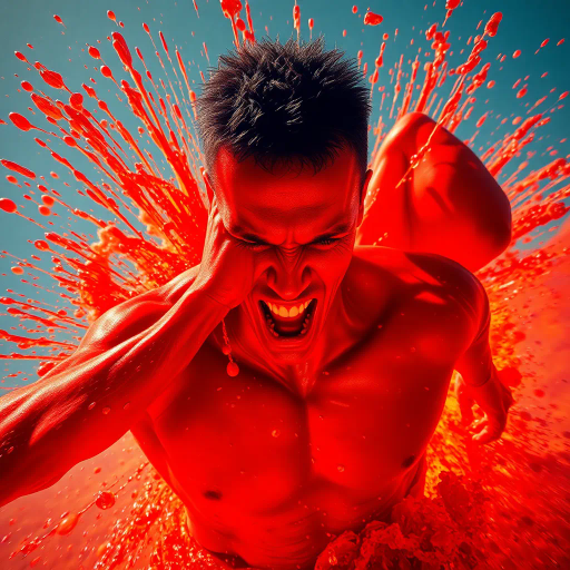 intense heat, glistening skin, dynamic tension, hyper-realism, Jose Orozco, vibrant red hues, dramatic contrast, kinetic energy, expressionist influences, bead-like texture, visceral emotion, immersive perspective, tension-filled composition, summer sunlight, sensory overload, evocative mood, body in motion