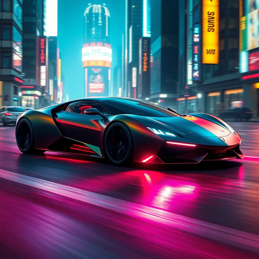 sleek futuristic car, neon lights, matte finish, cyberpunk cityscape, dynamic composition, vibrant colors, atmospheric lighting, speed and motion, 21st-century innovation, reflective surfaces, metallic textures, urban landscape, technological advancements, aerodynamic design, perspective distortion, cinematic framing, kinetic energy, movement and flow, modernism, urban exploration, imaginative transportation