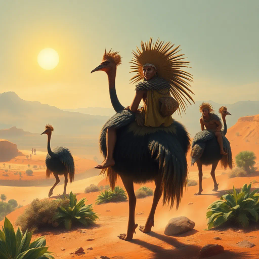 prehistoric warriors, animal hide attire, riding cassowaries, lush oasis, desert vista, Jean-Léon Gérôme influence, vibrant palette, dynamic composition, sunlit scene, surreal elements, ancient times, cinematic vastness, tribal motifs, contrasting textures, mythical ambiance, expansive horizon, naturalistic brushes, emotive portrayal, cultural fusion, epic scale