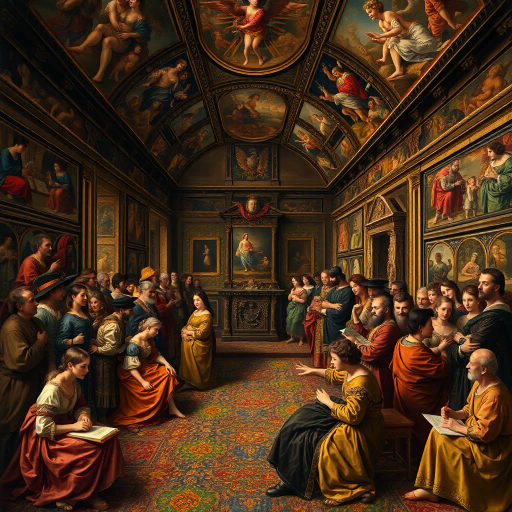 historical tapestry, vibrant colors, cultural influences, Baroque, Rembrandt lighting, intricate patterns, social dynamics, human interaction, detailed characters, narrative depth, educational symbolism, societal reflection, diverse perspectives, rich textures, narrative composition, evocative storytelling, academic influence, time continuum, dynamic flow, engaged learning, historical significance, vivid scenes