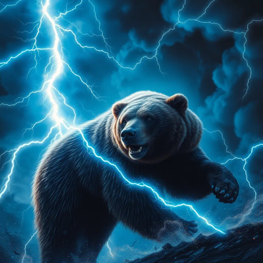 lightning, strike, bear, dynamic, energy, storm, natural phenomenon, power, awe-inspiring, dramatic lighting, modern surrealism, vivid colors, electric blues, whites, thunderous backdrop, motion, Henri Rousseau, texture, fur details, force of nature, symbolism, dominance, nature's fury, perspective, low angle, ephemeral, contrast, electric glow, jagged shapes, mythological aura, wild, untamed spirit, atmospheric intensity, ethereal influence, bold composition