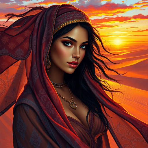 Middle Eastern allure, Arabian nights, enigmatic beauty, sensual elegance, vibrant sunsets, exotic landscapes, flowing fabrics, intricate patterns, warm desert tones, impressionistic brushstrokes, captivating gaze, luminous skin, fashion illustration, emotional depth, delicate movements, shimmering sands, cultural symbolism, evening glow, radiant warmth, alluring mystery, colorful mosaics, dynamic composition, rich textures, Henri Matisse inspiration, contemporary vision, seductive charm, windswept elegance