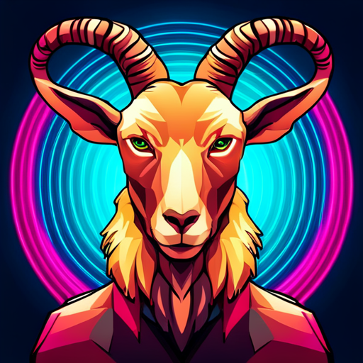 Vector, abstraction, geometric shapes, goat, robot, sci-fi, futuristic, neon colors, digital medium, motion, cyberpunk, composition, symmetry