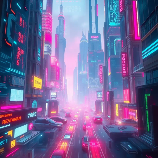 futuristic cityscape, data streams, glowing interface, vibrant color palette, dynamic composition, virtual reality aesthetics, high-tech metropolis, neon lights, abstract structures, holographic elements, cyberpunk influence, technological advancement, digital evolution, immersive environment, cyberspace, William Gibson inspiration, digital brushstrokes, crisp resolution, modern digital canvas, emotional detachment, atmospheric glow, synthetic reality, speculative fiction, evolving urban landscape