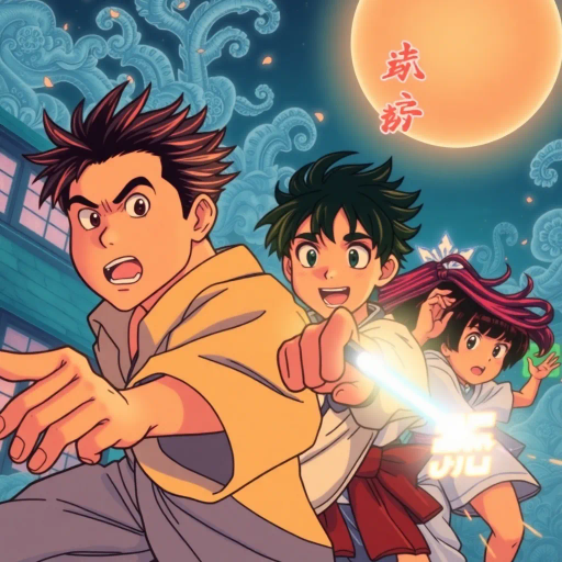 dynamic movement, vibrant line work, expressive characters, dramatic angles, Studio Ghibli influence, neon lighting, nostalgic atmosphere, Taisho era inspiration, intricate backgrounds, pastel color palette, stylized action, emotional storytelling, Ukiyo-e references, high-contrast shading, fantastical elements, layered compositions, cultural symbolism, epic adventure, visual storytelling, cinematic framing, detailed facial expressions