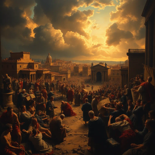 Visigoths, ancient Rome, chaotic cityscape, dramatic lighting, chiaroscuro, tumultuous emotions, historical drama, vivid storytelling, Alaric I, dark, somber tones, rubble and ruins, intricate detail, historical textiles, Renaissance influence, dynamic composition, expressive brushwork, historical artifacts, cultural collision, atmospheric tension, turbulent skies, Baroque intensity, rich textures, epic scale, classical architecture, aura of desolation, historical narrative, monumental scale, layers of history, pathos and loss