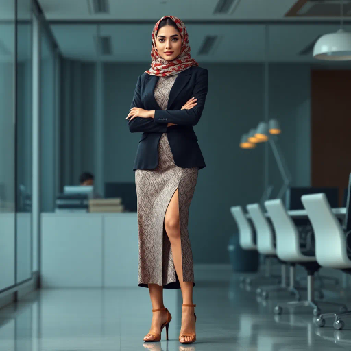 Arab woman, elegant hijab, professional setting, modern workplace, high heels, Middle Eastern culture, contemporary art, intricate patterns, vibrant colors, soft lighting, dynamic pose, cultural expression, delicate fabrics, office environment, confident demeanor, sophisticated fashion, grace and poise, diverse representation, cultural fusion, empowerment, modernism, Impressionism influences, human form, balance and harmony, Jean-Michel Basquiat inspiration, vibrant brushstrokes, Henri Matisse color palette, delicate textures, fluid movement, artistic elegance, cultural symbolism, refined composition, elegance and sophistication, bold patterns