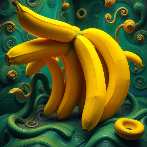 surreal bananas, vivid colors, Salvador Dali influence, dreamlike atmosphere, whimsical shapes, intricate details, organic textures, glowing highlights, ethereal lighting, imaginative arrangement, vibrant yellows and greens, playful mood, flowing curves, artistic symbolism, fantastical nature, otherworldly scene, dynamic perspective, fluid lines, imaginative presentation