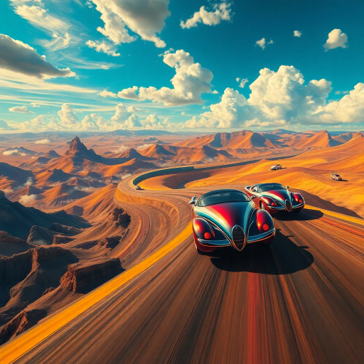 thrilling journey, dynamic composition, vibrant colors, impressionist influence, Claude Monet, motion blur, modern twist, surreal landscapes, energetic brushstrokes, light and shadow interplay, adventure essence, whimsical spirit, futuristic elements, diverse textures, atmospheric perspective, emotional depth, cultural inspiration, immersive experience, expansive scenery, visual narrative, exploration theme