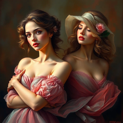 elegant femmes, graceful posture, intricate fashion, ethereal beauty, soft lighting, romantic era, impressionistic brushstrokes, pastel hues, delicate textures, feminine elegance, serene expressions, renaissance influences, flowing fabrics, atmospheric composition, refined aesthetics, timeless allure, enchanting aura, subtle movement, classical themes, captivating allure, harmonious balance, artistic grace, romantic ambiance, delicate sophistication, gentle atmosphere, whispering hues, tranquility, Baroque influences, evocative lighting, nuanced details