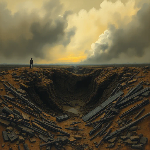 WW1 shell hole, haunting landscape, ruinous earth, trench war remnants, muddy textures, smoke-infused skies, somber atmosphere, historical echoes, dramatic chiaroscuro, war-torn memories, intricate details, Ernst Ludwig Kirchner influence, expressionist undertones, desolate expanse, juxtaposition of life and decay, symbolism of conflict, muted earth tones, organic compositions, narrative storytelling, ethereal light, ominous horizon, atmospheric perspective, reflective surfaces, cultural memory, evocative emotional depth, fantasy art, surreal elements, spectral figures, emotional resonance, dynamic flow, evocative storytelling, historical narrative, melancholic mood
