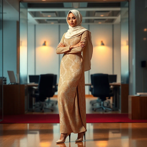 elegant Arab woman, professional attire, hijab, modern workplace, high heels, contrasting cultural fusion, vibrant Middle Eastern influences, contemporary art style, dynamic composition, intricate patterns, vibrant color palette, soft ambient lighting, dynamic posing, cultural expression, delicate textiles, confident and empowering presence, grace, poise, diverse representation, fusion of modern and traditional elements, Impressionism influences, human form depiction, advanced digital techniques, refined textures, bold symbolism, artistic influences, balance, harmony, surreal lighting, empowered femininity, Gustav Klimt inspiration, Art Nouveau elegance, intricate detailing, cultural narrative, sophisticated sophistication, modernism, representation and empowerment