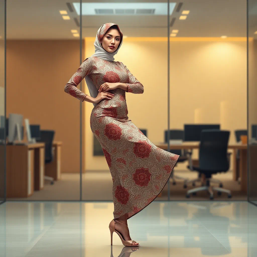 elegant Arab woman, professional attire, hijab, modern workplace, high heels, contrasting cultural fusion, vibrant Middle Eastern influences, contemporary art style, dynamic composition, intricate patterns, vibrant color palette, soft ambient lighting, dynamic posing, cultural expression, delicate textiles, confident and empowering presence, grace, poise, diverse representation, fusion of modern and traditional elements, Impressionism influences, human form depiction, advanced digital techniques, refined textures, bold symbolism, artistic influences, balance, harmony, surreal lighting, empowered femininity, Gustav Klimt inspiration, Art Nouveau elegance, intricate detailing, cultural narrative, sophisticated sophistication, modernism, representation and empowerment