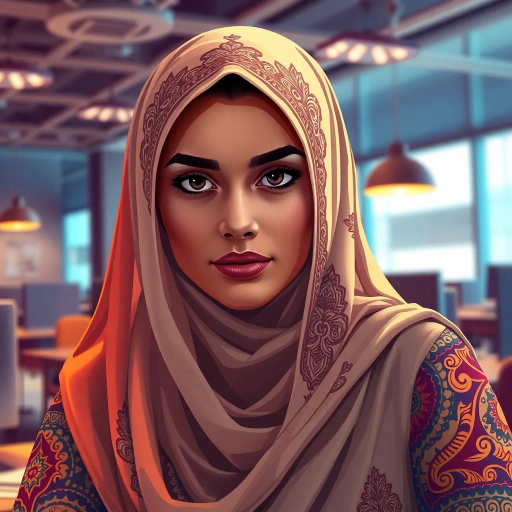 Arab lady, focused expression, office environment, modern workplace, intricate patterns, vibrant colors, soft lighting, Middle Eastern influences, dynamic composition, digital illustration, warm tones, cultural attire, elegance, contemporary design, professional atmosphere, depth, realism, graceful posture, subtle textures, artistic flair, expressive details, lively ambiance, heritage blend, harmonious balance, refined aesthetics