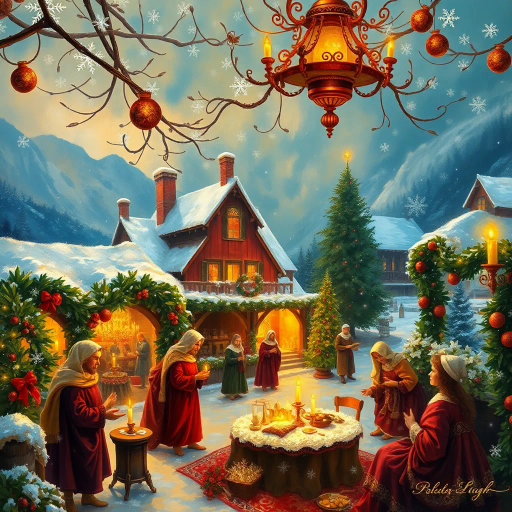 vibrant holiday palette, Renaissance influence, warm candlelit glow, intricate brushstrokes, Baroque richness, festive ambiance, delicate ornament details, snow-laden landscapes, impressionistic snowflakes, joyful gatherings, classic ivy wreaths, timeless winter nostalgia, harmonic color blending, soft pastels of winter dawn, storytelling elements, cozy village scenes, ornate holiday decor, celebratory spirits, serene nativity tableau, layered textures of velvet and silk, luminescent light effects, gentle snowfall, idyllic countryside, joyous communal feasts, lavish visual narratives, festive historical settings, playful chiaroscuro, melodious whispers of carols, painterly atmospheric depth