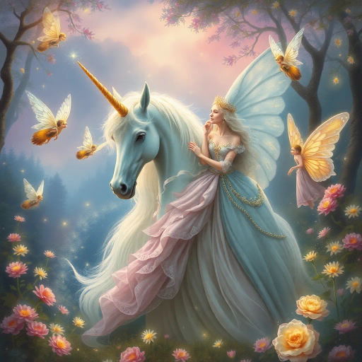mythical unicorn, enchanting fairies, regal princess, ethereal glow, soft pastels, dreamlike landscape, intricate detail, romanticism, whimsical essence, magical realism, baroque influences, delicate brushstrokes, shimmering textures, enchanted forest, twilight ambiance, ethereal beauty, imaginative composition, vibrant flora, surreal atmosphere, celestial light, fairytale dimension, mythical creatures, gentle aura, serene emotion, opulent attire, mystical symbolism, fantasy narrative, Arthur Rackham, John William Waterhouse, Claude Lorrain, mysterious undertones, poetic elegance, classical allure, delicate harmony, enchanting storytelling, atmospheric depth, luxurious fabrics, glowing luminescence, transcendent experience