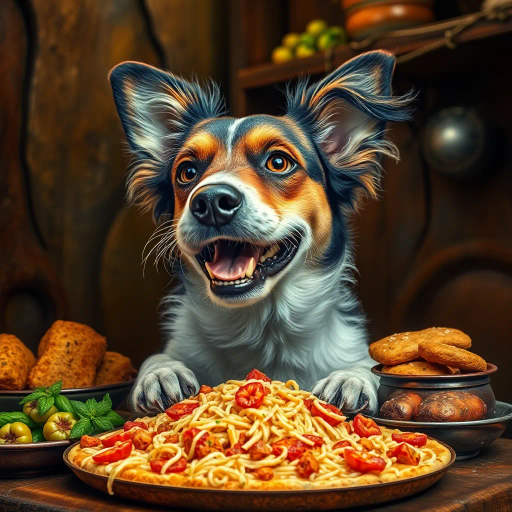 canine delight, gourmet feast, renaissance influence, rich textures, vibrant colors, warm lighting, intricate details, playful mood, dynamic composition, rustic setting, cultural richness, contemporary twist, earthy tones, hyper-realism, organic forms, soft focus, whimsical touch, joyful exuberance, culinary journey