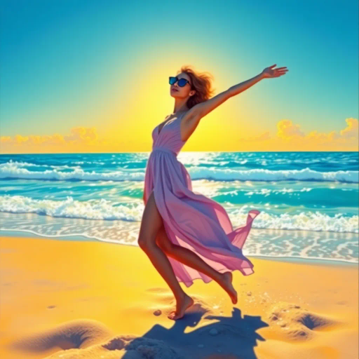 sunlit beach, vibrant colors, ocean breeze, carefree joy, summer glow, contemporary fashion, leisure and relaxation, tropical paradise, sandy textures, azure seas, dynamic female figure, graceful pose, shimmering waves, warm sunlight, Henri Matisse, modern impressionism, idyllic setting, lighthearted mood, rich details, playful composition, fluid movement, oceanic palette, vibrant hues