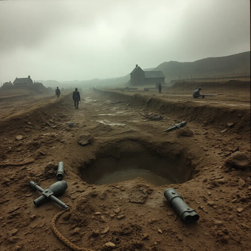 World War I, muddy battlefield, shell hole, crater, somber tones, historical accuracy, realism, muted browns and grays, chaotic landscape, trench warfare, desolation, devastation, foggy atmosphere, sharp contrasts, texture-rich soil, emotional depth, dramatic lighting, war-torn scenery, human impact, mud splatter, eerie silence, powerful symbolism, immersive perspective, heavy clouds, historical narrative, war artists influences