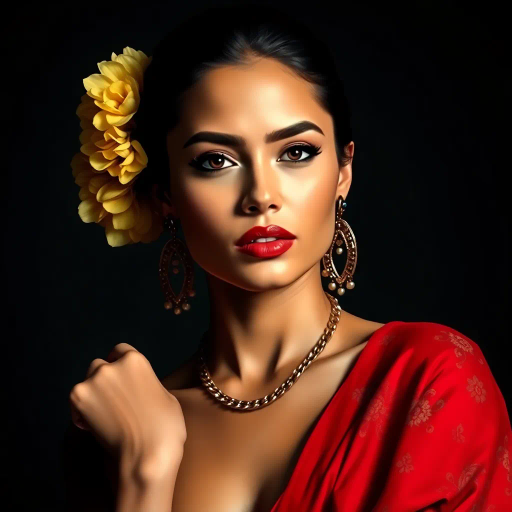 charismatic young Latina, contemporary elegance, vibrant energy, sleek pose, soft chiaroscuro lighting, dynamic composition, bold color palette, smooth digital brushstrokes, emotional resonance, modern fashion, cultural richness, intricate patterns, graceful movement, stylish juxtaposition, bright highlights, artistic flair, inspired by Frida Kahlo and Diego Rivera, urban influence, contemporary digital canvas