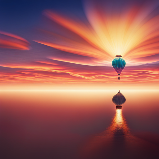 surreal, dreamlike, vibrant, whimsical, Jules Verne, steampunk, 1800s, golden hour lighting, vast expanse, surreal colors, floating, majestic, airy, fantasy landscape, towering mountains, endless skies, whimsical clouds, oversized hot air balloon, intricate patterns, fantastical creatures, wondrous journey, magical realism, unreal skies, ethereal glow