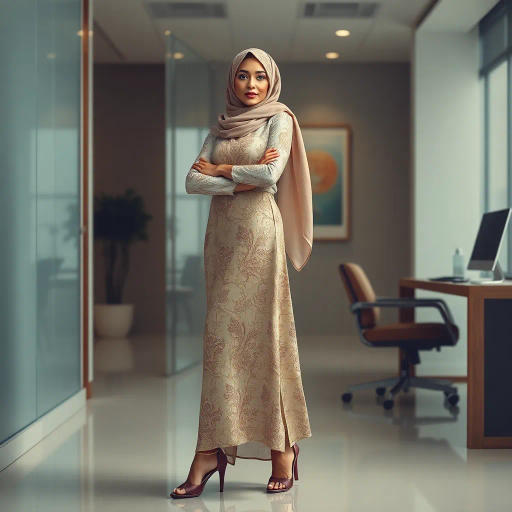 Arab woman, elegant hijab, professional setting, modern workplace, high heels, Middle Eastern culture, contemporary art, intricate patterns, vibrant colors, soft lighting, dynamic pose, cultural expression, delicate fabrics, office environment, confident demeanor, sophisticated fashion, grace and poise, diverse representation, cultural fusion, empowerment, modernism, Impressionism influences, human form, balance and harmony, Henri Matisse, Impressionist techniques, cultural harmony, elegant posture, textile textures, fusion of tradition and modernity, ethereal light, figurative expression, modern artistic interpretations, visual storytelling, nuanced details, refined elegance, cultural narratives