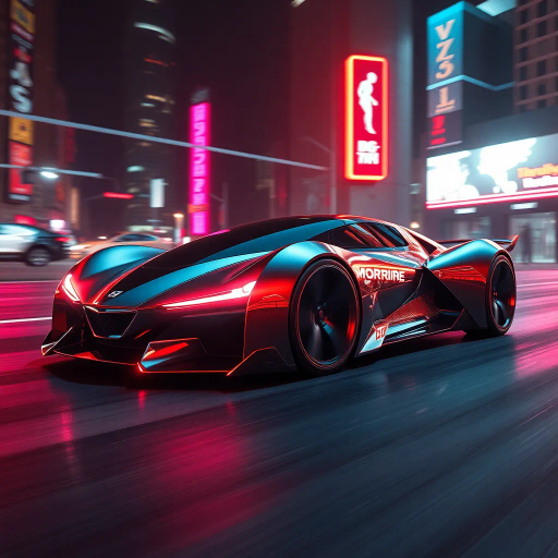 sleek futuristic automobile, inspired by Syd Mead, cybernetic aesthetic, dynamic movement, vibrant neon lights, high contrast shadows, aerodynamic curves, metallic and glossy textures, immersive depth, innovative design, urban landscape backdrop, night setting, bold color palette, capturing speed and energy, seamless integration, avant-garde, technological elegance, dramatic angles, expansive composition