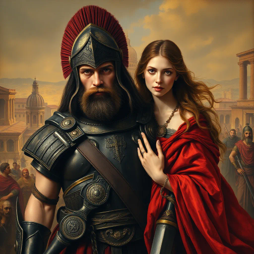 Visigothic warrior, Roman lady, Sack of Rome 410CE, epic historical scene, dramatic lighting, chiaroscuro, intricate armor details, flowing Roman garments, realism, dynamic composition, intense mood, historical figures, late antiquity, turbulent atmosphere, powerful symbolism, conflict and culture clash, intense emotions, classical architecture, ruin and decay, grand scale, meticulous textures, tension and movement, aged patina, historical authenticity, evocative storytelling, warriors in action, contrast and harmony, rich color palette, accurate period costumes