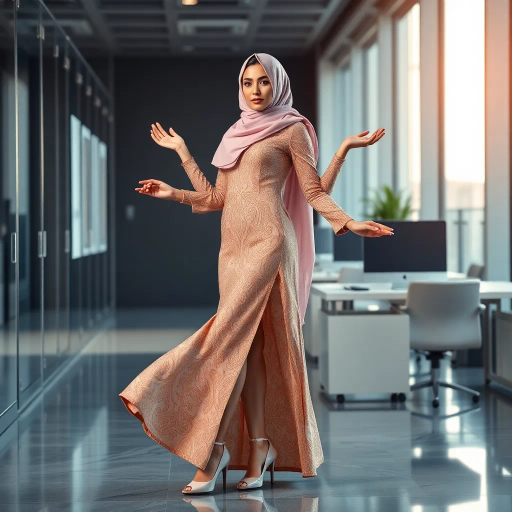 Arab woman, elegant hijab, professional setting, modern workplace, high heels, Middle Eastern culture, contemporary art, intricate patterns, vibrant colors, soft lighting, dynamic pose, cultural expression, delicate fabrics, office environment, confident demeanor, sophisticated fashion, grace and poise, diverse representation, cultural fusion, empowerment, modernism, Impressionism influences, human form, balance and harmony, Claude Monet, Henri Matisse, elaborate textures, vibrant tapestry, ethereal glow, refined detail, global perspective, harmonious composition, expressive gestures, artistic innovation, visionary outlook, structural elegance, cultural symbolism, graceful movement, artistic textiles, harmonious fusion